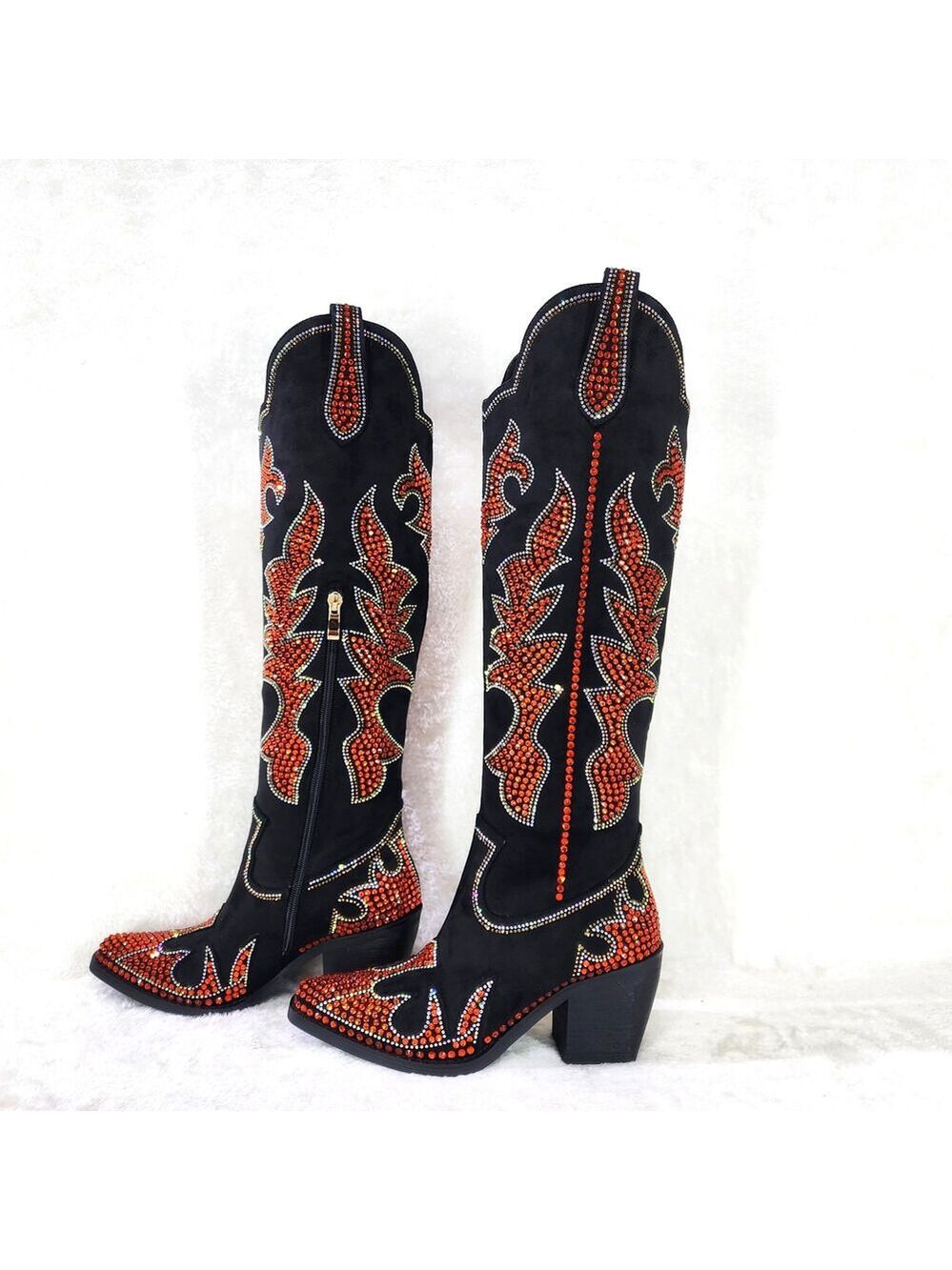NIB Harley Girl Country Western Cowgirl Knee Boots Rhinestones Black Orange - Picture 11 of 16